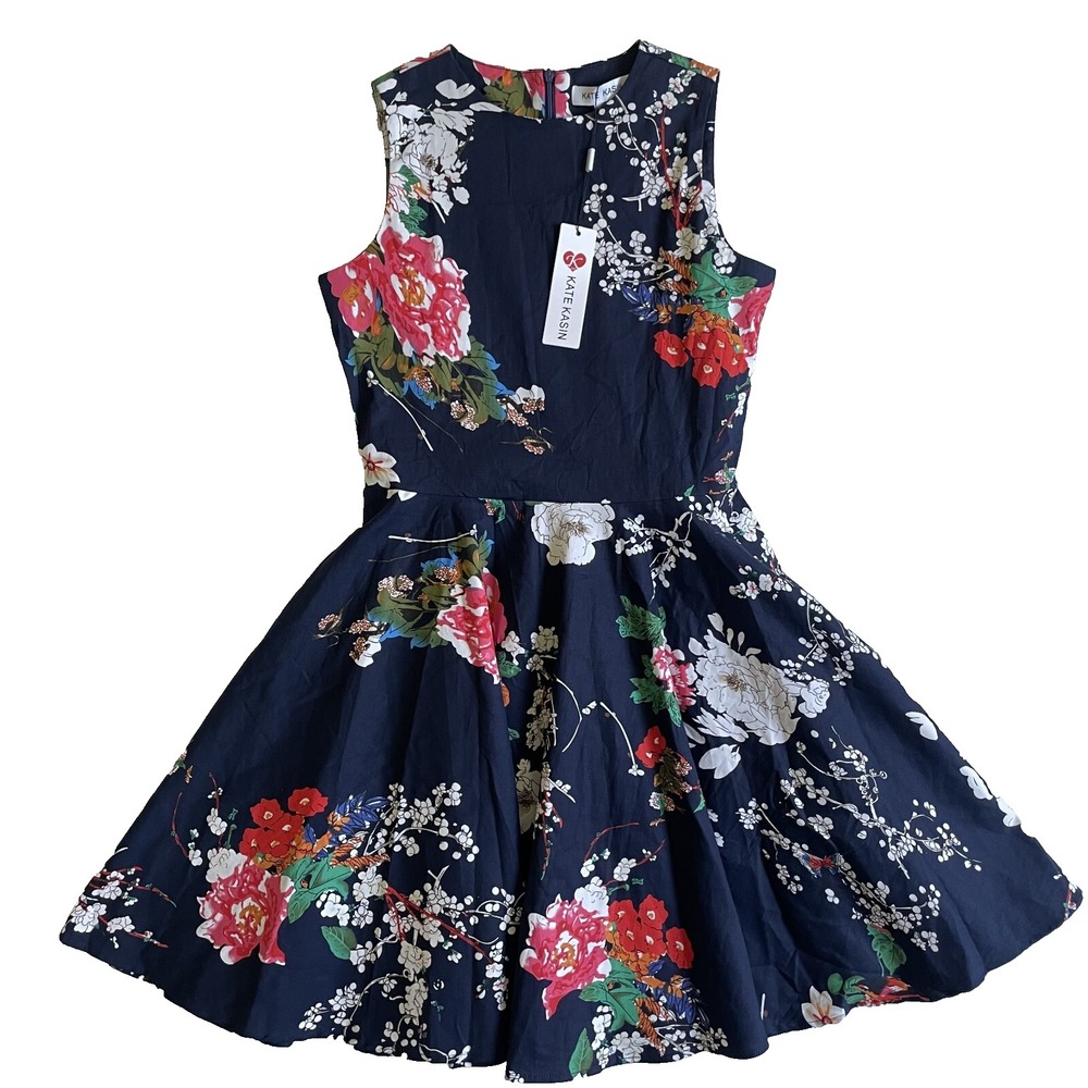 Kate‎ Kasin Girls Sz 15/16Y Navy Floral Sleeveless Fit & Flare Knee Length Dress